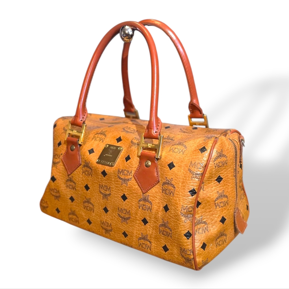 MCM COGNAC Visetos Boston Hand Bag